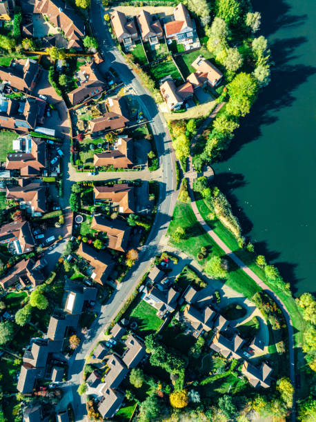 aerial footage of as typical suburban housing estates in the british town of milton keynes - residential district housing development house uk imagens e fotografias de stock