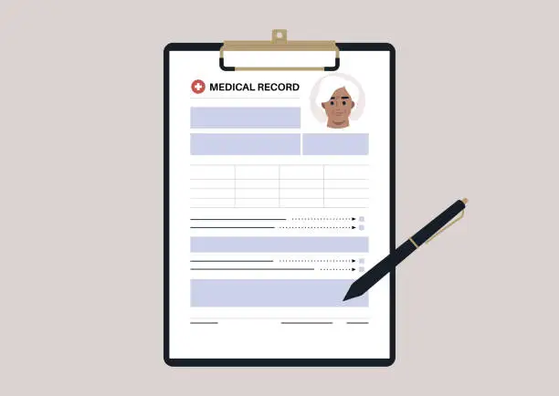 Vector illustration of A senior patient's medical chart clipped to a clipboard