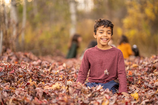 A sweet little mixed race boy, sits in the leaves as he poses for a portrait outside on a fall day.  He is dressed warmly and smiling as his friends play in the background.