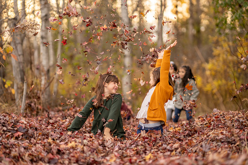 A group of young school aged children play together in a pile of crunchy fall leaves as they sped time outside in the crisp Autumn air.  They are each dressed warmly and are smiling as they enjoy the time together playing.