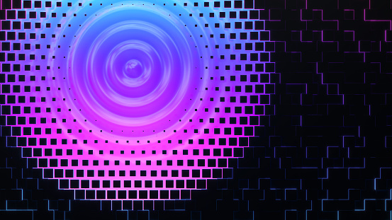 Vibrant gradient backround. Waves and glowing neon lines. Copy space. 3d illustration.