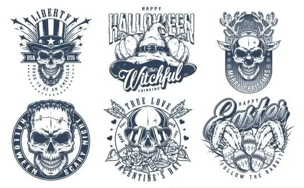 Vector illustration of Holiday weekend set posters monochrome