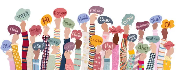 Vector illustration of Many hands raised of diverse and multicultural children and teens holding speech bubbles with text -hallo- in various international languages. Diversity kids. Racial equality. Friendship