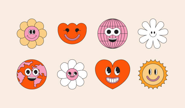 Vector illustration in simple linear style - design templates - hippie, happy and groovy smiley characters Vector illustration in simple linear style - design templates and stickers - hippie, happy and groovy smiley characters emoji original stock illustrations