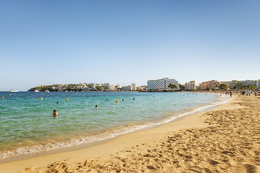 Sunny day on the Magaluf beach, resort town on the island Mallorca, Spain