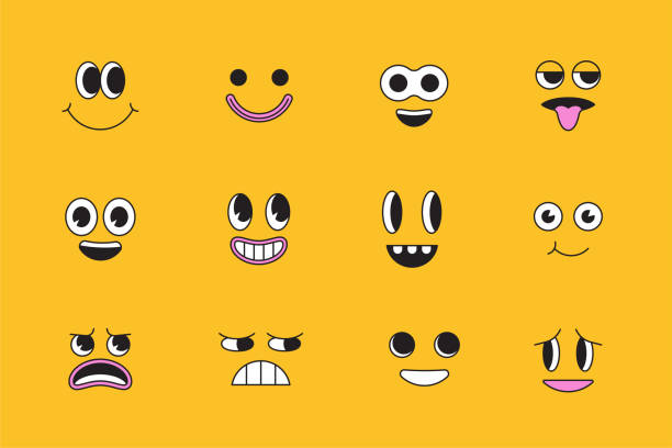 ilustrações, clipart, desenhos animados e ícones de rostos de desenhos animados vetoriais, mascotes de design abstrato - adesivos e crachás y2k, expressões felizes e raivosas - expressão facial