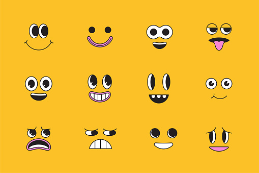 Vector cartoon faces, abstract design mascots - y2k stickers and badges, happy, angry expressions