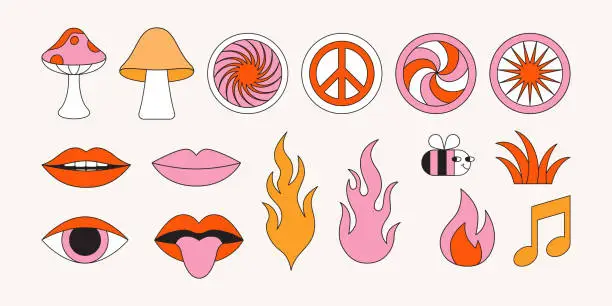 Vector illustration of Vector illustration in simple linear style - groovy sticker pack - design templates and stickers