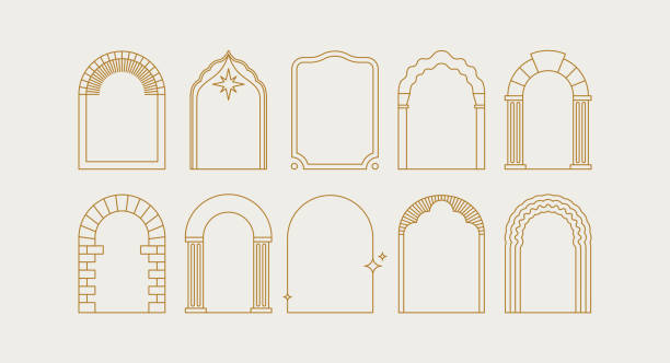 ilustraciones, imágenes clip art, dibujos animados e iconos de stock de conjunto vectorial de elementos de diseño e ilustraciones en estilo lineal simple - elementos de diseño del logotipo boho arch - arco característica arquitectónica