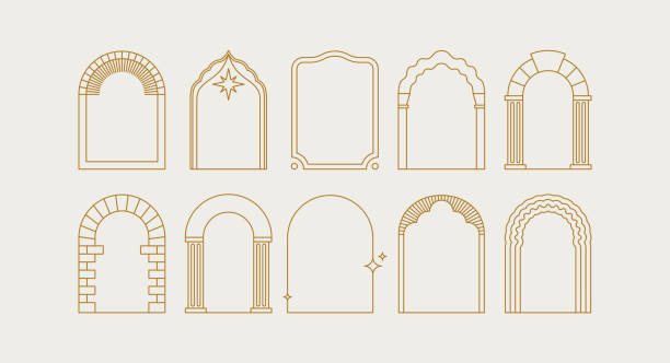 디자인 요소와 간단한 선형 스타일의 삽화의 벡터 세트 - boho 아치 로고 디자인 요소 - 아치 건축적 특징 stock illustrations