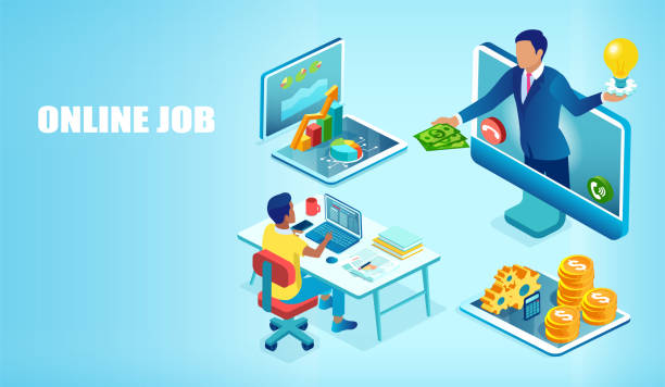 Vector of a man working on computer being rewarded for online job Vector of a young man working on computer being rewarded for online job computer programming desk stock illustrations