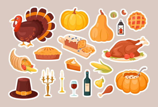 illustrazioni stock, clip art, cartoni animati e icone di tendenza di adesivi icona del ringraziamento - turkey thanksgiving farm meal