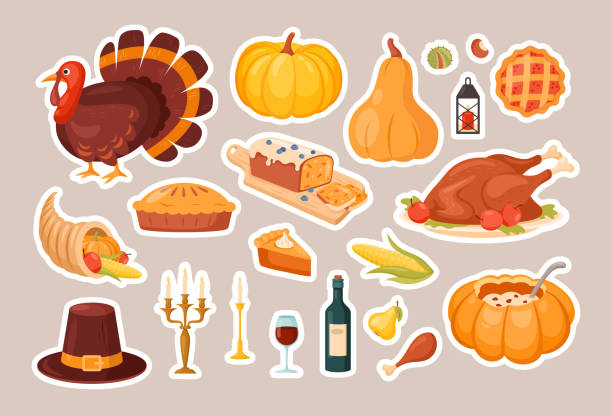 ilustrações, clipart, desenhos animados e ícones de adesivos de ícone de ação de graças - thanksgiving turkey animal pilgrim