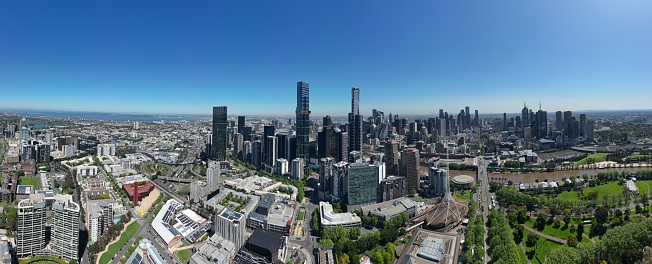 aerial view of High rise apartments and office space city living. , Melbourne. City skyline