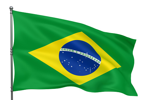 Waving Brasilian flag isolated over white background