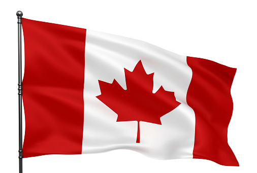 Waving Canadian flag isolated over white background