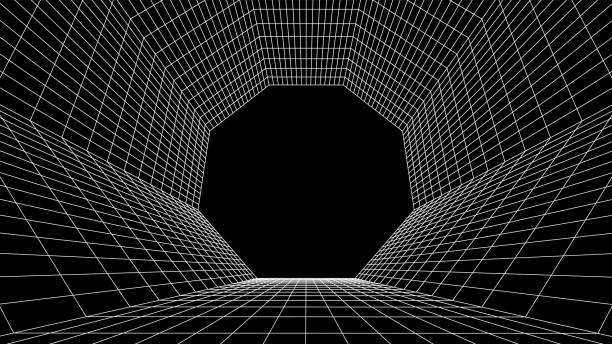 Abstract 80s styled computer background. Sci-fi architecture interior with retro lines. Synthwave or retrowave grid room. Abstract 80s styled computer background. Sci-fi architecture interior with retro lines. Synthwave or retrowave grid room octagon house stock illustrations