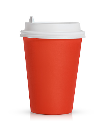 red paper cup for drinks with lid isolated on white background