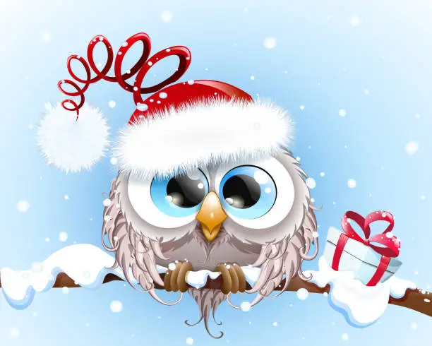 Vector illustration of Owl Santa under snowfall with gift box