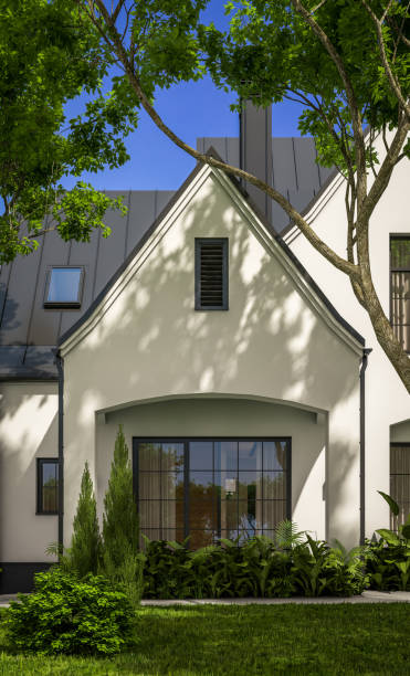 istock 3d rendering of white and black modern Tudor house 1437078593