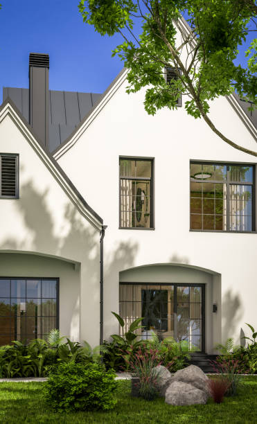 istock 3d rendering of white and black modern Tudor house 1437078595