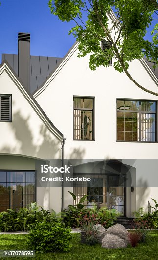 istock 3d rendering of white and black modern Tudor house 1437078595