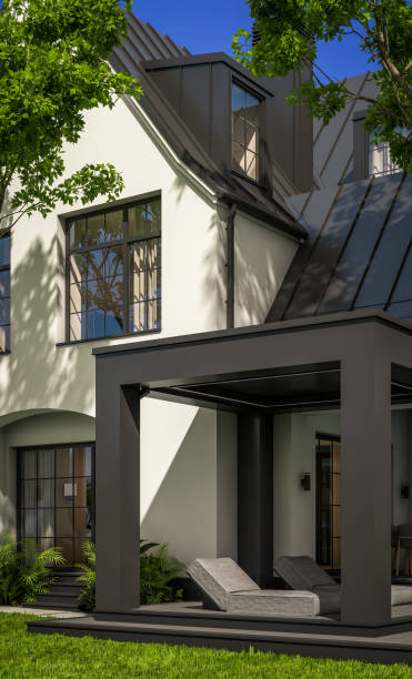 istock 3d rendering of white and black modern Tudor house 1437078728