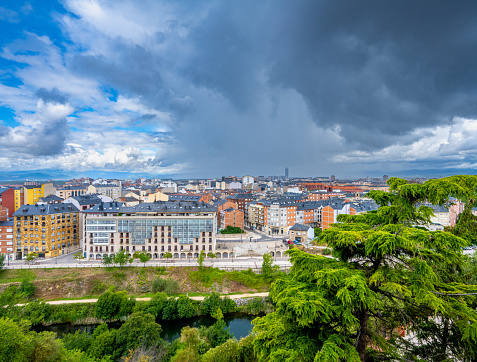 An afternoon thunderstorm over the city of Ponferrada, Spain.