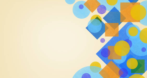 design de estilo de fundo de arte moderna abstrata com quadrados de diamante círculos e manchas em azul colorido, amarelo, laranja e roxo em fundo bege claro ou off white - diamond shaped fotos - fotografias e filmes do acervo
