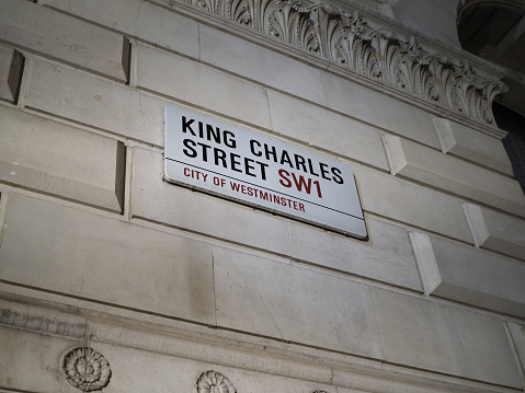 London, UK - Circa October 2022: King Charles street sign in the City of Westminster