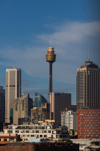 Sydney, Australia - October 25, 2022: Sydney Tower with surrounding buildings.
