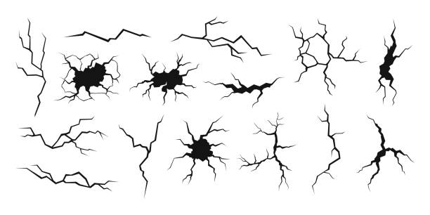 Ground split fracture line. Wall crack black silhouettes, earthquake effect. Fissure top view, surface damage and holes racy vector elements Ground split fracture line. Wall crack black silhouettes, earthquake effect. Fissure top view, surface damage and holes racy vector elements of damage fracture crack split illustration cracked stock illustrations