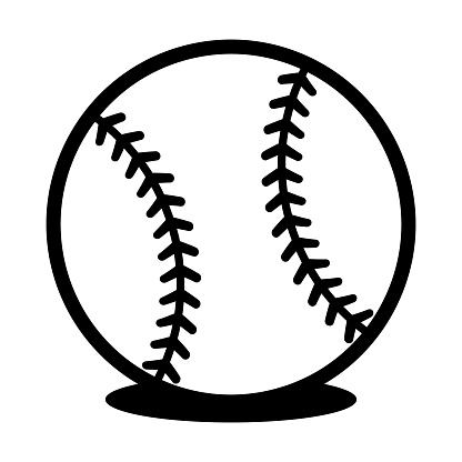 Baseball ball with black bold outlines and shadow for logo. Vector illustration icon isolated on white background.