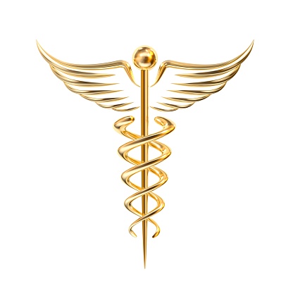 Gold caduceus symbol isolated on white