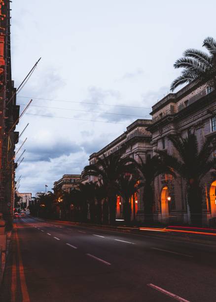 istock Street with old buildings and palm trees in evening, vertical 1437094683