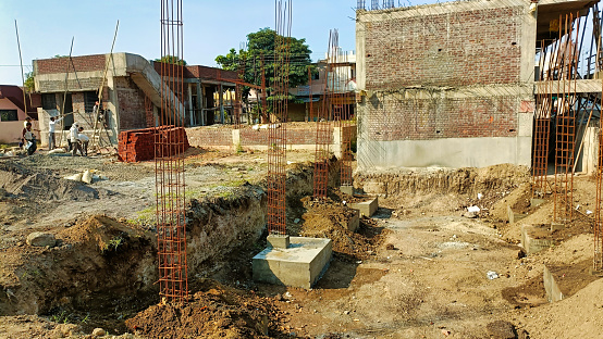 Bhusawal, Maharashtra, India November 21, 2021: Concrete footings and reinforcing rod for new building under construction, The concrete formwork and reinforcement steel for construction foundation. Construction site