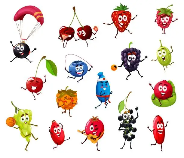 Vector illustration of Funny cute dancing, sporting and relaxing berries