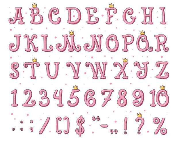 Princess font alphabet, pink text and girl letters Princess font alphabet, pink text and girl letters, vector typography type. Cute baby princess birthday font with golden crown, girly fairy magic and cartoon pink abc alphabet for childish book princess stock illustrations