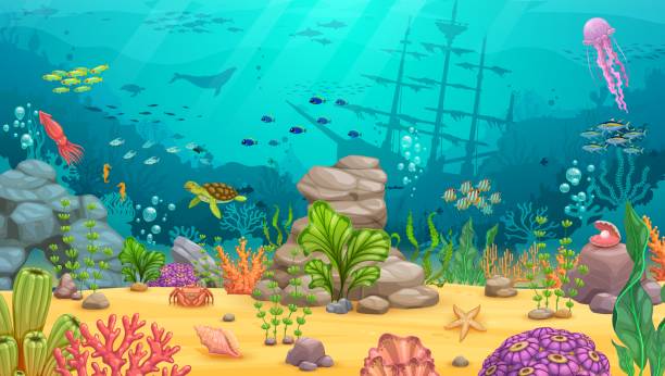 ilustraciones, imágenes clip art, dibujos animados e iconos de stock de paisaje submarino de dibujos animados, fondo del juego - underwater animal sea horse fish