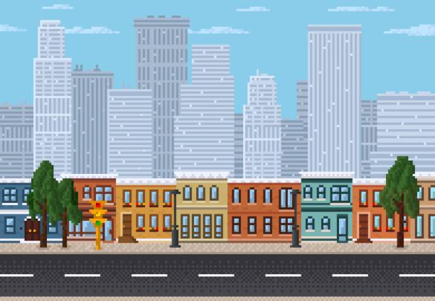 illustrazioni stock, clip art, cartoni animati e icone di tendenza di paesaggio urbano pixel, paesaggio di gioco pixel art a 8 bit - street level