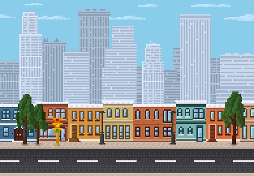 Pixel cityscape, 8 bit pixel art game level landscape. Vector downtown landscape with road, trees, street lamps, traffic lights and skyscraper silhouettes. Background of retro mobile or computer game