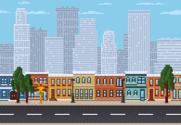 Pixel cityscape, 8 bit pixel art game landscape Pixel cityscape, 8 bit pixel art game level landscape. Vector downtown landscape with road, trees, street lamps, traffic lights and skyscraper silhouettes. Background of retro mobile or computer game pixel buildings stock illustrations