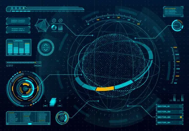 Vector illustration of HUD infographic, dashboard panel with space sphere