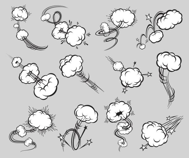 Comic speed motion effect, speed trail puff clouds Comic speed motion effects of speed trails and puff clouds, vector jump or blast bubbles. Cartoon spiral motion puff cloud trails of rocket launch or air smoke motion, explode pop or punch effect jump jet stock illustrations