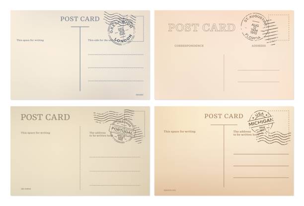 ilustrações de stock, clip art, desenhos animados e ícones de vintage postcard, post card templates with stamps - envelope invitation greeting card blank