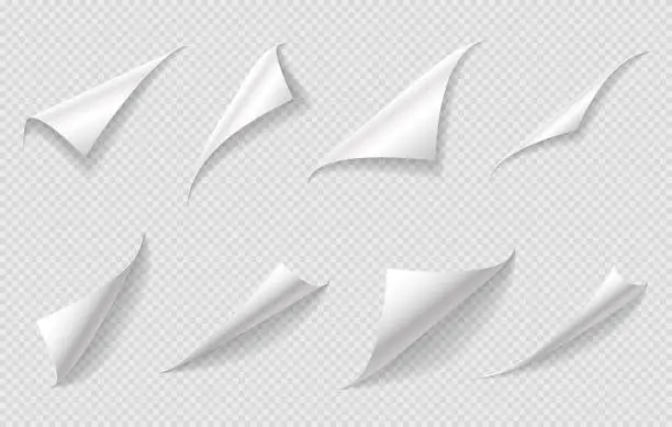 Vector illustration of Curly paper page corners, sheet curls, turn folds