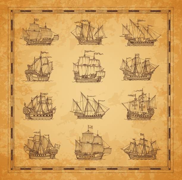 Sail ship, sailboat brigantine sketch, vintage map Sail ship, sailboat and brigantine sketch on vintage map, vector grunge background. Marine sail ships, pirate frigates with sails and cannons for treasure island and Caribbean adventure map marines navy sea captain stock illustrations
