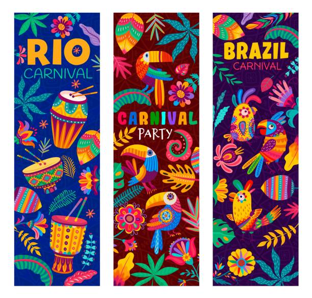 brasilianische karnevalsparty in rio, papageien und trommeln - karneval stock-grafiken, -clipart, -cartoons und -symbole