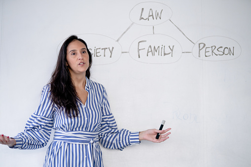 Mature woman teacher explaining a lesson on a whiteboard while teaching students in class room