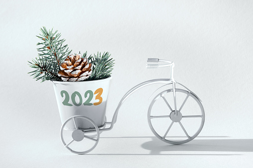 2023 caption, greeting on white decorative bike. Bicycle with pine cone and fir twigs in decorative basket. Happy New Year greeting design. Off white background, sunlight, long shadows.
